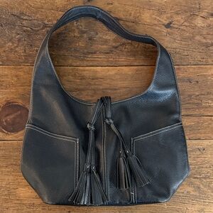 Laggo Black Pebbled Leather Tassle Hobo Bag 15x11x5